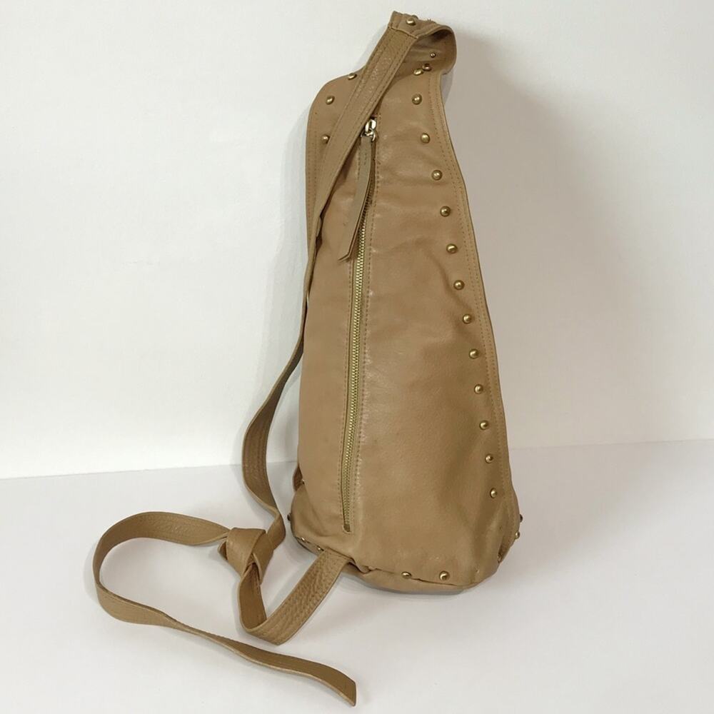Patti Hansen for HUNG ON U Tan Leather Bronze Studded Cross Body Sling Bag Cross - Picture 8 of 16